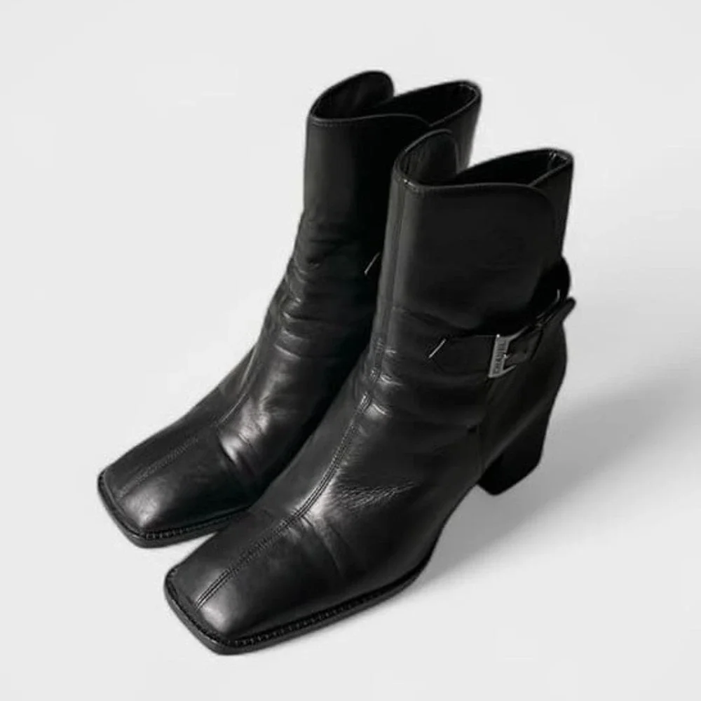 Vintage 90s Chanel Black Leather CC Logo Ankle Boots‎ Buckle Moto 36.5